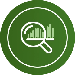 Portfolio icon of green magnifying glass and bar graph.