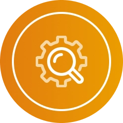 Regulatory icon of orange magnifying glass and gear.